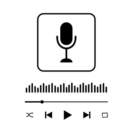 Podcasting concept. Audio player interface with microphone sign, sound wave, loading bar and buttons. Simple music player or online radio panel template. Vector graphic illustrationのイラスト素材
