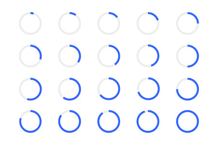 Round loading bars. Progress, waiting or download symbols set. Infographic animation elements for website interface isolated on white background. Vector flat illustration.のイラスト素材