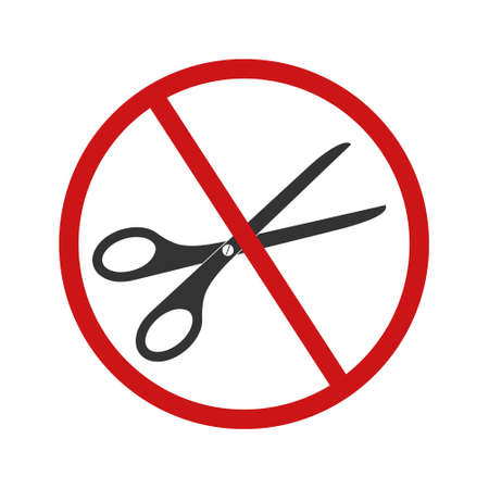 Scissors with red forbidden sign. Do not cut prohibition icon. Stop cutting pictogram isolated on white background. Vector graphic illustration.のイラスト素材