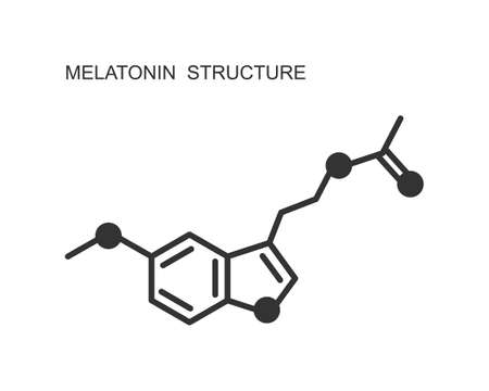 Melatonin icon. Somnolence hormone used for jet lag, insomnia, circadian rhythm disorder therapy. Chemical molecular structure. Sleep-wake cycle regulation sign. Vector outline illustrationのイラスト素材