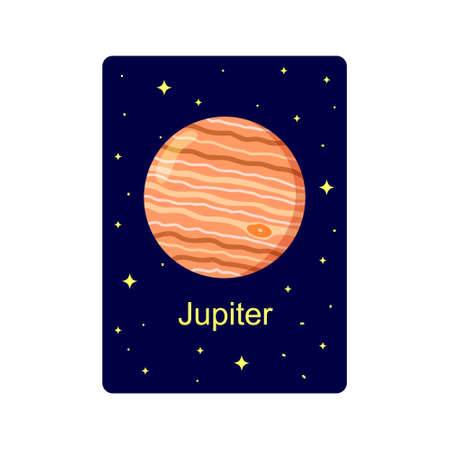 Flashcard for kids with Jupiter planet on dark starry background. Educational material for schools...