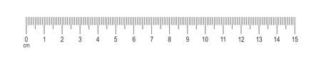 Horizontal scale of ruler with 15 centimeters markup and numbers. Distance, height or length measurement math or sewing tool template isolated on white background. Vector graphic illustrationのイラスト素材