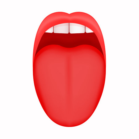 Open mouth with sticking out tongue and upper incisors teeth. Human taste organ isolated on white background. Vector cartoon illustration.のイラスト素材