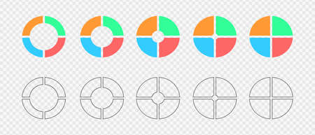 Donut charts. Set of infographic wheels divided in 4 multicolored and graphic sections. Circle diagrams or loading bars. Round shapes cut in four equal parts. Vector flat and outline illustrationのイラスト素材