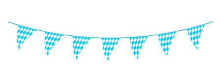 Oktoberfest bunting in traditional Bavarian colors. Garland with flags waving in the wind on German beer festival with blue and white rhombus pattern. Decoration for party, card, poster, bannerのイラスト素材