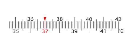 Horizontal scale of body thermometer with temperature marking in Celsius from 35 to 42 degrees....