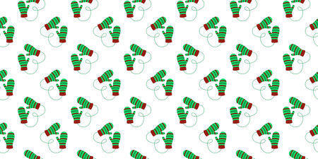 Seamless pattern with pairs of striped knitted mittens. Cozy woolen gloves background. Christmas or New Year design for scrapbooking or wrapping paper, napkin or tablecloth. Vector flat illustrationのイラスト素材