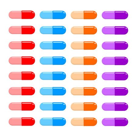 Stickers of capsules for pill tracker planner isolated on white background. Printable design. Vector flat illustration.のイラスト素材