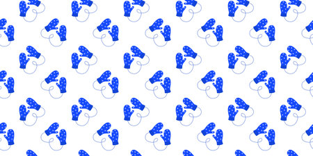 Pairs of knitted mittens with snowflakes seamless pattern. Cozy woolen gloves background. Winter,...