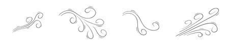 Set of hand drawn air flow icons. Doodle wind blow effects collection. Swirl, gust, smoke, dust sketches isolated on white background. Vector outline illustration.のイラスト素材