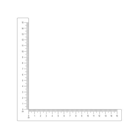 15 centimetres corner ruler isolated on white background. Measuring tool with vertical and horizontal lines with cm and mm markup and numbers. Vector graphic illustrationのイラスト素材