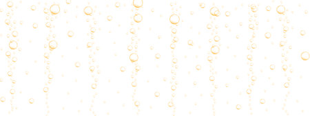 Golden floating air bubbles background. Sparkling fizzy drink, carbonated water, seltzer, cola, prosecco, beer, lemonade, champagne texture. Vector realistic illustrationのイラスト素材