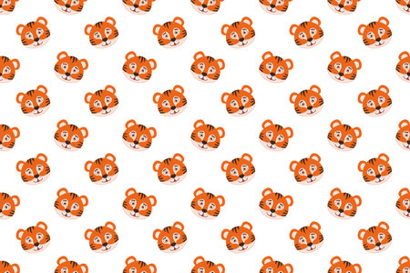Cute tiger heads seamless pattern. Funny animal character faces background. Baby bedclothes, scrapbooking or wrapping paper, fabric kids design. Vector cartoon illustrationのイラスト素材