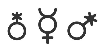 Set of non binary icons. Public restroom or locker room symbols for genderless persons isolated on white background. Gender identity concept. Vector graphic pictograms.のイラスト素材