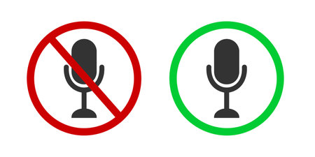 Record disabled and enabled pictograms. Sound off and on symbols in online conference. Microphone icon in red forbidden and green allowed signs. Vector flat illustrationのイラスト素材