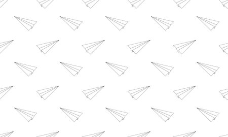 Origami paper planes seamless pattern. SRepeating symbols of success, communication, travel, imagination, desire, creativity, dreaming on white background. Vector outline illustrationのイラスト素材