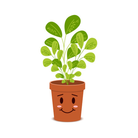 Cute plant character in pot. Happy blossom home flower isolated on white background. Vector cartoon illustration in childish style.のイラスト素材