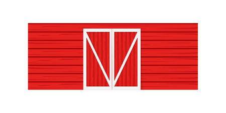Red wooden door on barn wall. Front view. Element of American farm warehouse building isolated on white background. Vector cartoon illustration.のイラスト素材
