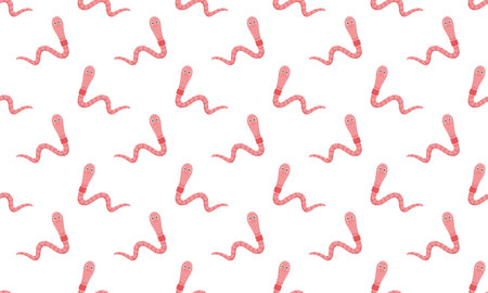 Cute worm characters seamless pattern. Earthworms with smiling faces background. Vector cartoon...