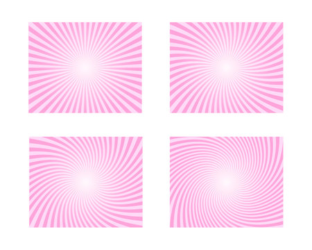 Set of pink circus backgrounds. Rosy sunsets, radial twisted stipes, pinwheel pattern. Strawberry bubble gum, sweet lollipop candy, ice cream texture. Clipping mask. Vector cartoon illustrationのイラスト素材