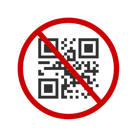QR code not available icon. Quick responce matrix barcode in red forbidden sign isolated on white...