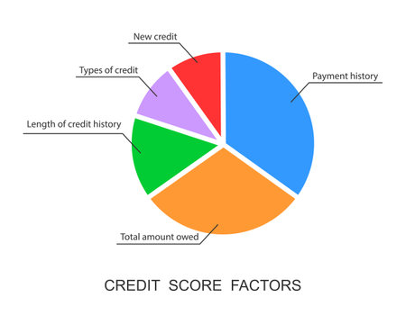 Credit score factors pie chart. Circle diagram with five categories to calculate FICO score. Financial capacity assessment tool. Vector flat illustration.のイラスト素材
