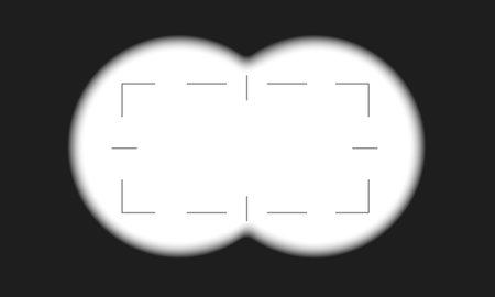 Binocular viewfinder template with scale and empty background field. Army, spy, hunting or explorer optical tool for magnifying, exploration, searching, following, investigation. Vector illustrationのイラスト素材