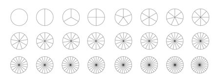 Donut or pie chart templates. Circle divides on equal parts from 2 to 24. Set of graphic wheel diagrams with sectors isolated on white background. Vector outline illustrationのイラスト素材
