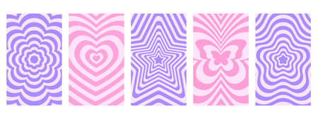 Set of groovy psychedelic patterns in y2k style. Posters with repeating flowers, hearts, stars, butterflies in trendy retro 2000s design. Cute vector illustration in pastel colorsのイラスト素材