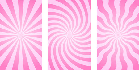 Vertical posters with pink radial stripes. Trendy retro y2k pattern. Rosy sunburst, explosion or surprise design effect. Manga style background. Bubble gum, lollipop candy texture. Vector illustrationのイラスト素材