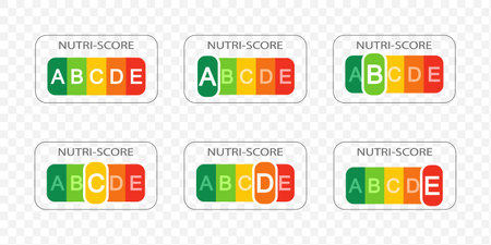 Collection of Nutri Score labels with gradation letters on transparent background. Nutritional quality of foods stickers used in Europe products rating system. Vector flat illustrationのイラスト素材