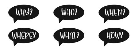 5W1H questions set. Why, who, where, when, what, how speech text bubbles isolated on white background. Information, idea, consulting symbols. Problem and solution concept. Vector graphic illustrationのイラスト素材
