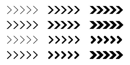 Set of black chevron arrows of different thickness. Ornament with repeated V shaped stripes. Pointer, road caution, military, navigation signs isolated on white background. Vector flat illustrationのイラスト素材