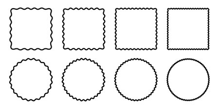 Set of circle and square frames with wavy and zigzag edges. Rectangular and round shapes with curvy and jagged borders isolated on white background. Vector graphic illustrationのイラスト素材