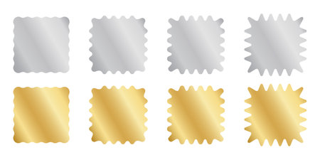 Set of silver and gold square stickers with wiggle borders. Shining labels, badges, price tags, coupons, stamps undulate shapes isolated on white background. Vector illustration.のイラスト素材