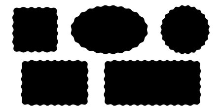 Set of square, rectangle, circle and oval shapes with wavy edges. Empty text boxes, tags, labels or stickers templates with undulate borders isolated on white background. Vector graphic illustration.のイラスト素材