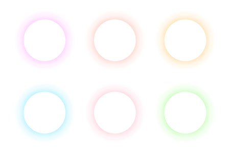 Set of blurry round frames. Circle shapes with pastel pink, orange, red, blue, green neon gradient borders isolated on white background. Abstract design elements with empty space. Vector illustration.のイラスト素材