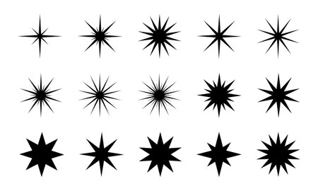 Black stars icons. Sun, sparkle, twinkle, starburst or bling, stardust signs. Flash, flare or glare, light or firework, explosion, radiance magic symbols. Trendy vintage y2k pictograms.のイラスト素材