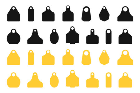 Ear tags for cattle. Set of blank black and yellow identification labels for farm animals. Collection of earmark mockups for livestock isolated on white background. Vector flat illustrationのイラスト素材