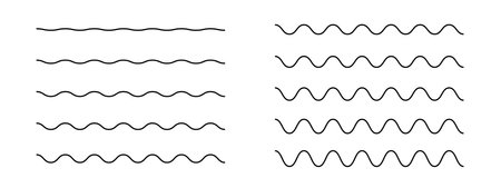 Set of horizontal wavy lines. Simple undulate borders. Sine, water, fluid, air or wind symbols isolated on white background. River, sea, lake or ocean signs. Vector outline illustration.のイラスト素材