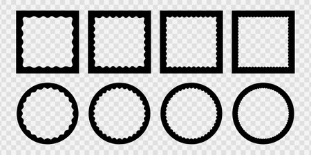 Set of square and round photo or picture frames with wavy inner borders. Text box frameworks. Decoration design elements isolated on white background. Vector graphic illustration.のイラスト素材