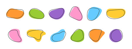 Set of colorful irregular amorphous shapes, uneven blots, asymmetric blobs, liquid ink spots, distorted blotches textures with black stroke. Trendy amoeba figures. Vector flat illustration.のイラスト素材