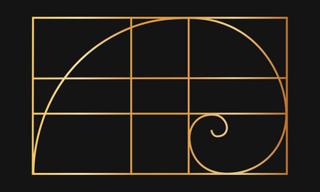 Golden ratio template. Gold logarithmic spiral in rectangle frame divided on lines. Fibonacci sequence grid. Perfect symmetry proportions layout. Nature harmony graphic formula. Vector illustration.のイラスト素材