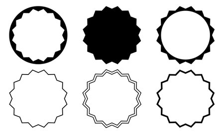 Set of round frames with wavy edges. Circle shapes with wiggly borders. Squiggly vignettes or mirrors, empty text boxes, tags or labels isolated on white background. Vector graphic illustration.のイラスト素材