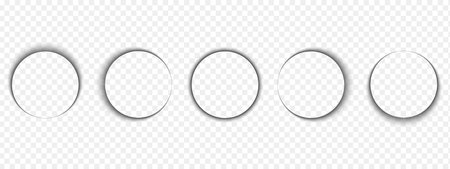 Round shadows isolated on transparent background. Circle soft overlay effect. Rounded shapes with dark gradient borders. Empty circular shades on floor, paper or page. Vector realistic illustration.のイラスト素材