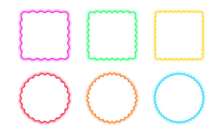 Set of colorful square and round frames with wavy borders. Wiggly shapes with blurry aura effect. Empty text boxes or web banner templates with soft gradient edges. Vector graphic illustration.のイラスト素材