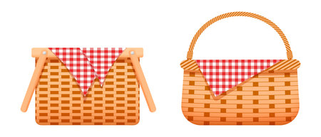 Empty wicker picnic baskets with checkered cotton or linen napkins. Handmade woven willow hampers isolated on white background. Vector cartoon illustration.のイラスト素材