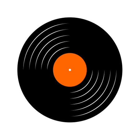 Vinyl disc icon. Turntable LP or long play music plate for gramophone isolated on white background. DJ equipment. 70s 80s discotheque nostalgia concept. Vector flat illustration.のイラスト素材