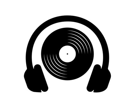 Vinyl disc with headphones icon. Turntable LP disk and earphones isolated on white background. DJ equipment for night club discotheque party. Listen to music concept. Vector graphic illustration.のイラスト素材