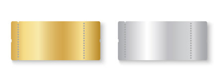 Golden and silver ticket mockups. Shining metallic raffle, win lottery, coupon offer, jackpot lotto templates. Entrance or seating cards in exclusive luxury style. Vector illustration.のイラスト素材